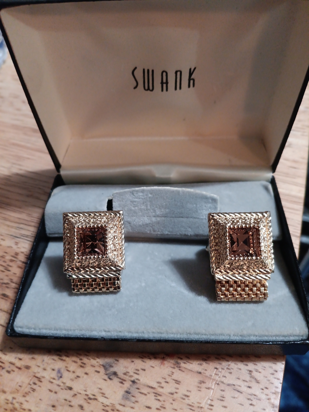 Swank Gold Tone Brown Stone Cufflinks In Original Box